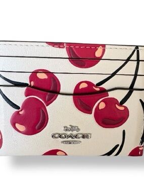 Coach Slim Leather ID Card Case with Red Cherry Print